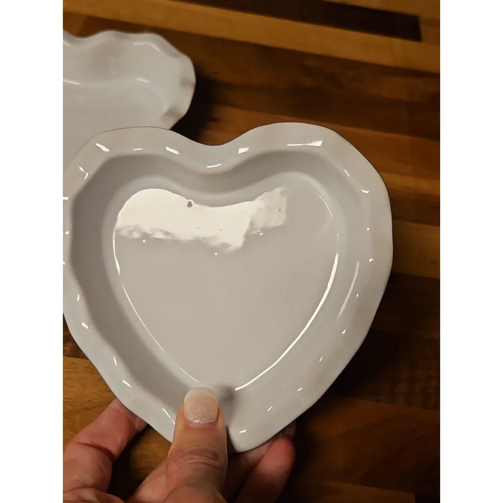 Set Of 2 Emile Henry Fluted Edge Heart Shaped Blue & White Baking Dishes #6149